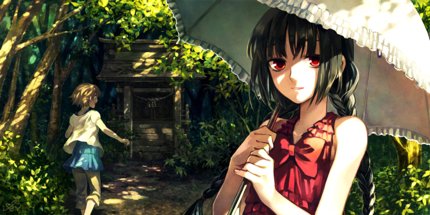 bare_shoulders black_hair blonde_hair braid capri_pants light_smile long_hair minami_seira multiple_girls nature original red_eyes short_hair shrine tree twin_braids umbrella