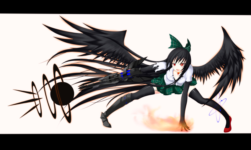 arm_cannon black_hair black_legwear bow breasts cleavage fire gmot highres letterboxed long_hair minami628 mismatched_footwear open_mouth plaid radiation_symbol red_eyes reiuji_utsuho skirt symbol-shaped_pupils thigh-highs thighhighs touhou very_long_hair weapon wings zettai_ryouiki