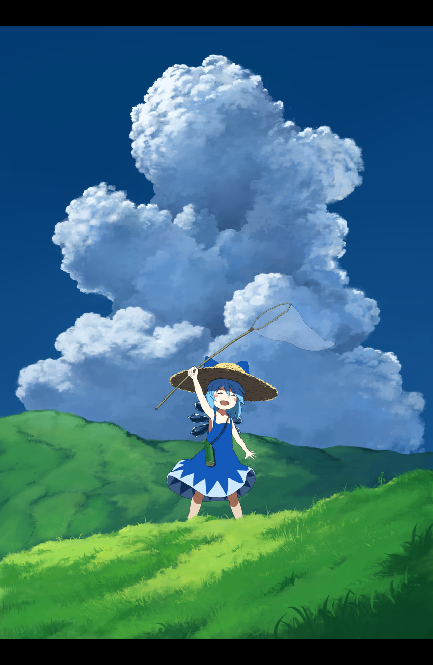 absurdres arm_up bag bamboo blue_dress blue_eyes blue_hair blue_sky bow butterfly_net cirno closed_eyes cloud dress eyes_closed grass hair_bow hand_net hat highres hill letterboxed open_mouth raised_arm sasaj shoulder_bag sky smile solo straw_hat touhou wings