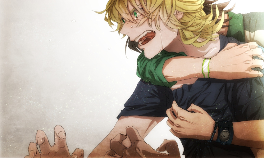 angry barnaby_brooks_jr blonde_hair bracelet brown_hair crying green_eyes hug jewelry kaburagi_t_kotetsu male multiple_boys open_mouth short_hair t-shirt tears tiger_&amp;_bunny tsubakiya watch wristwatch