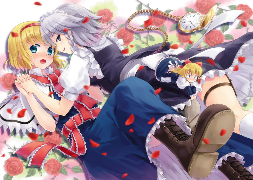 alice_margatroid blonde_hair blue_eyes blush boots braid capelet cross-laced_footwear doll dress flower frills garters hairband hands_clasped holding_hands hyuuga_azuri interlocked_fingers izayoi_sakuya lace-up_boots maid maid_headdress multiple_girls open_mouth pocket_watch red_rose rose sash shanghai_doll short_hair silver_hair touhou twin_braids watch weapon yuri