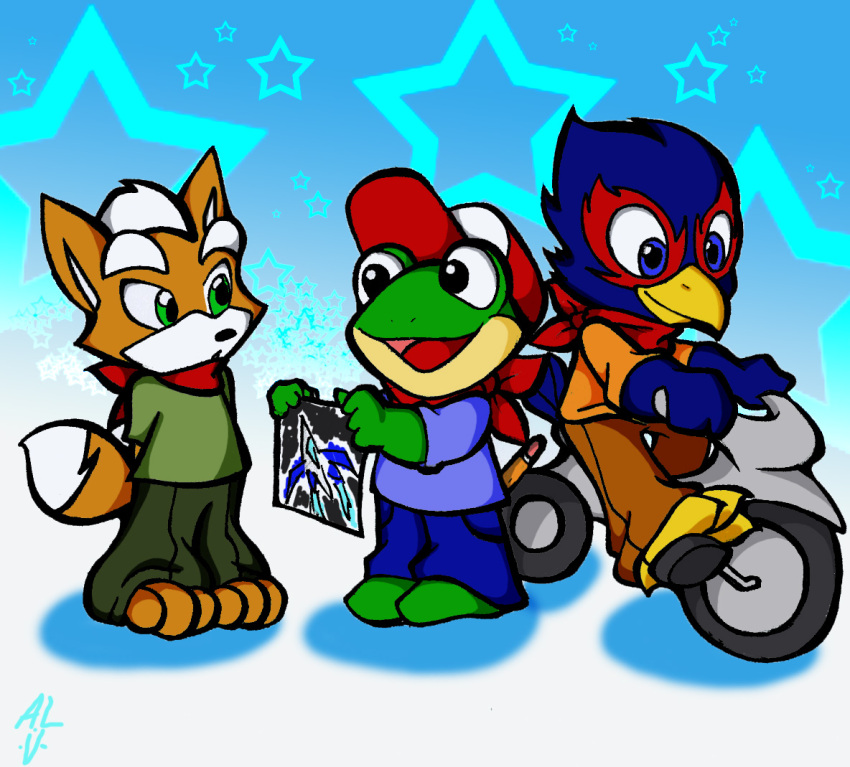 blue_eyes cap falco_lombardi fox_mccloud green_eyes slippy_toad star_fox stars tail