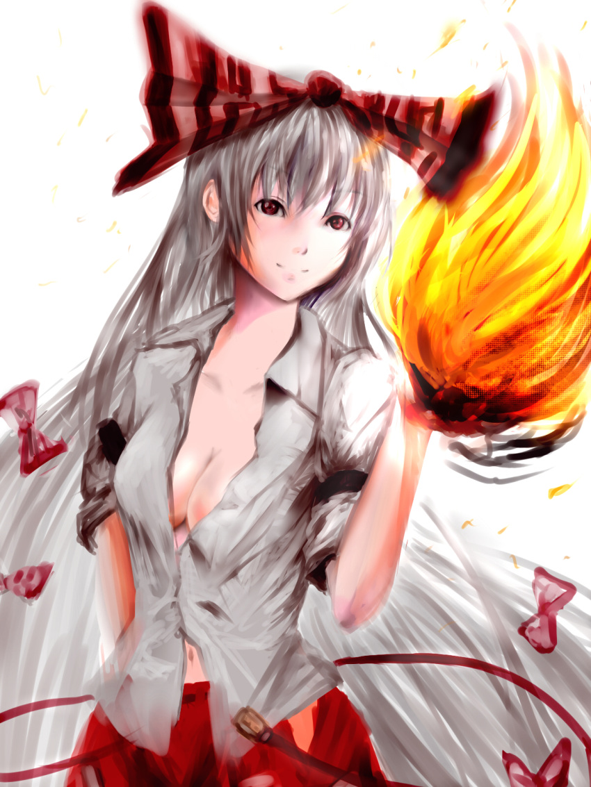 bow breasts bust cleavage collarbone dress_shirt fire fujiwara_no_mokou hair_bow highres long_hair matsukaze navel no_bra red_eyes shirt simple_background sketch sleeves_rolled_up smile solo suspenders touhou very_long_hair