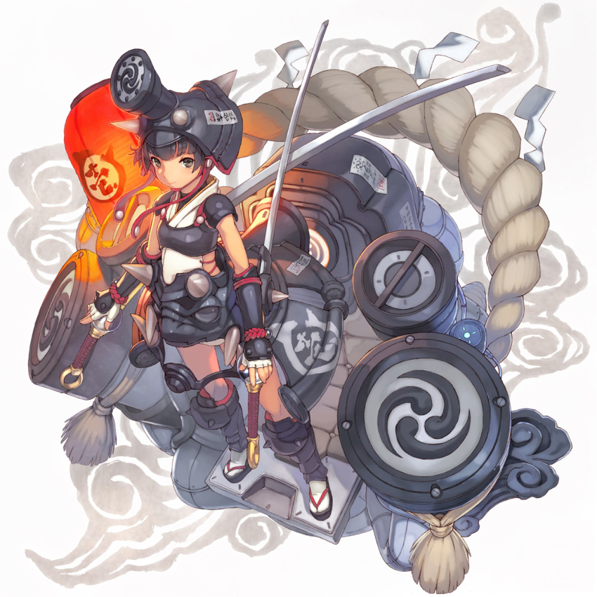 armor dual_wielding helmet highres lantern mitsudomoe_(shape) original shizuma_yoshinori solo standing sword tomoe_(symbol) weapon