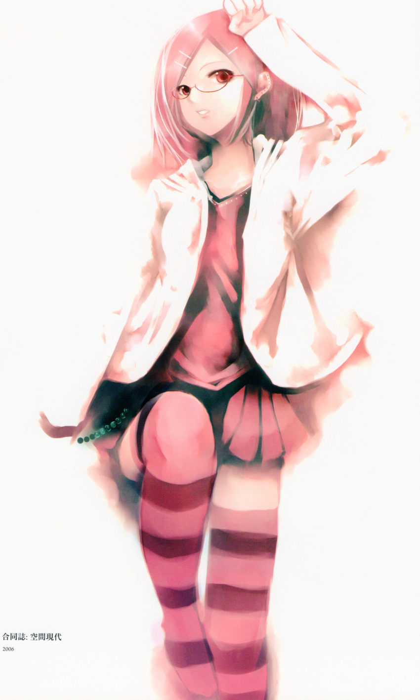 earring female glasses hair_clip hairpins jacket jewelry kei kei_(artist) glasses nanako_(kei) open_mouth original pink_hair simple_background skirt smile solo stockings white_background