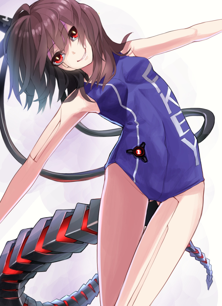 armpits bad_id bare_legs brown_hair cable clothes_writing clothing_writing fkey highres mechanical one-piece_swimsuit original red_eyes smirk solo swimsuit tail zengxianxin