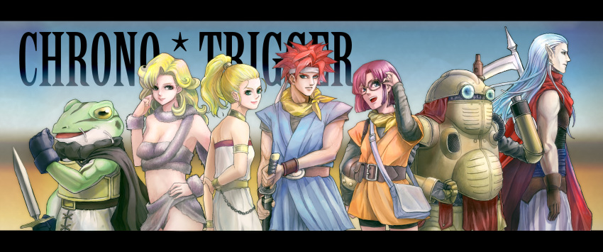 11000111_(pixiv230679) 2boys 3girls 4boys aaaa_(11000111) adjusting_hair armband armor ayla belt blonde_hair blue_eyes blue_hair cape chrono_trigger crono female glasses gloves green_eyes headband highres kaeru_(chrono_trigger) katana long_hair looking_back lucca_ashtear magus male marle multiple_boys multiple_girls open_mouth ponytail purple_hair red_hair redhead robo scythe short_hair silver_hair sword weapon wristband