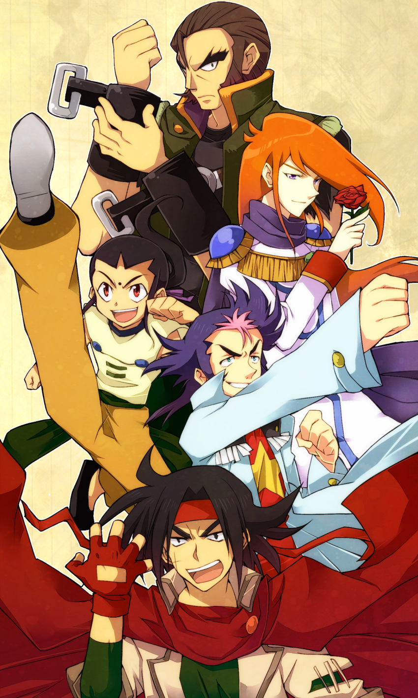 argo_gulskii black_hair brown_hair chibodee_crocket domon_kasshu facial_mark fingerless_gloves flower forehead_mark g_gundam george_de_sand gloves gundam hachimaki headband highres long_hair male multiple_boys purple_eyes purple_hair red_eyes red_rose rose sai_saici scar short_hair teeth ufuto violet_eyes