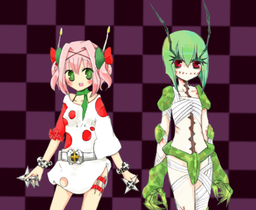 2girls bandages female genderswap green_eyes green_hair kamen_rider kamen_rider_shin kamen_rider_zx multiple_girls personification pink_hair red_eyes rider-tan shin_kamen_rider_prologue shuriken solo