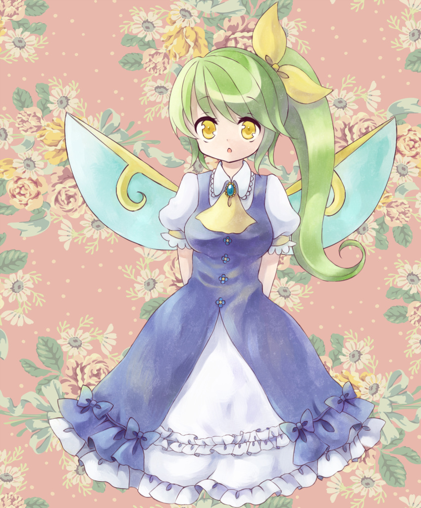 arms_behind_back bad_id blue_dress bow brooch daiyousei dress fairy floral_background green_hair hair_ribbon highres jewelry long_hair ponytail rattan_tantaka ribbon side_ponytail standing touhou wings yellow_eyes