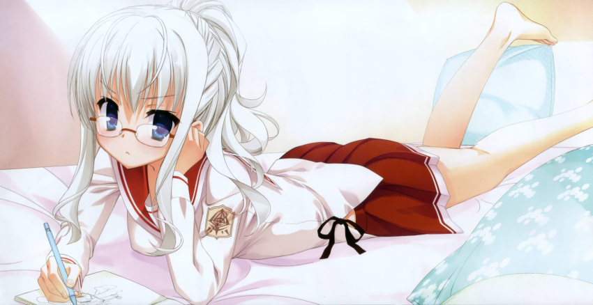 artist barefoot bespectacled blue_eyes blush drawing glasses hidan_no_aria highres jeanne_d'arc_(hidan_no_aria) jeanne_d'arc_(hidan_no_aria) kobuichi looking_at_viewer lying mechanical_pencil on_stomach pencil pleated_skirt ponytail rimless_glasses school_uniform skirt white_hair