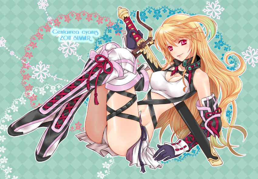 ahoge argyle argyle_background blonde_hair blush boots breasts choker gloves gradient_hair green_background green_hair long_hair midriff milla_maxwell multicolored_hair panties pantyshot pantyshot_(sitting) pantyshot_sitting red_eyes sitting skirt smile solo sword tales_of_(series) tales_of_xillia tooco tubetop underwear weapon white_panties