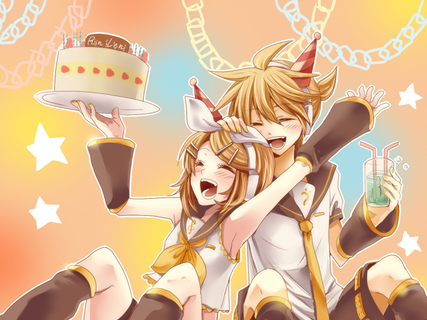 1boy 1girl birthday blonde_hair boy boy_and_girl cake cheer female girl hair_clip hair_ribbon kagamine_len kagamine_rin kagamone_len male smile twins vocaloid