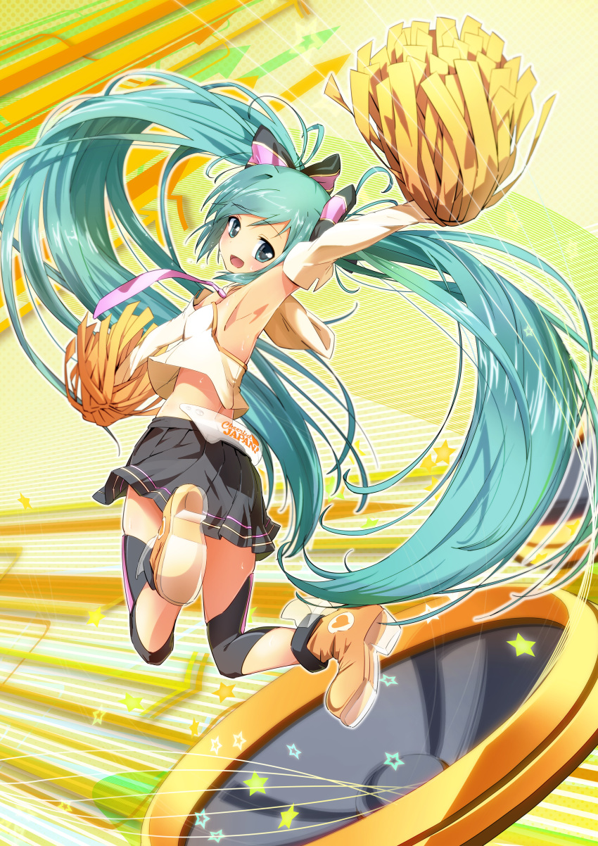 absurdres aqua_eyes aqua_hair armpits bun150 cheerleader detached_sleeves from_behind hatsune_miku highres jumping long_hair looking_back midriff necktie open_mouth pom_poms skirt smile solo star sweat twintails very_long_hair vocaloid