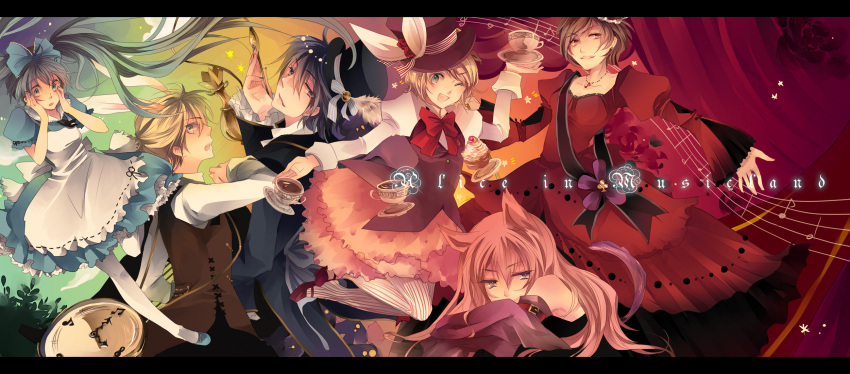 alice_in_musicland_(vocaloid) alice_in_wonderland apron blonde_hair bow brown_hair bunny_ears cat_ears dress frills group hatsune_miku highres kagamine_len kagamine_rin kaito letterboxed looking_back megurine_luka meiko neck_ribbon necklace pantyhose pink_hair pocket_watch shoes star striped_pantyhose tail tea teacup top_hat twintails vocaloid waistcoat wink