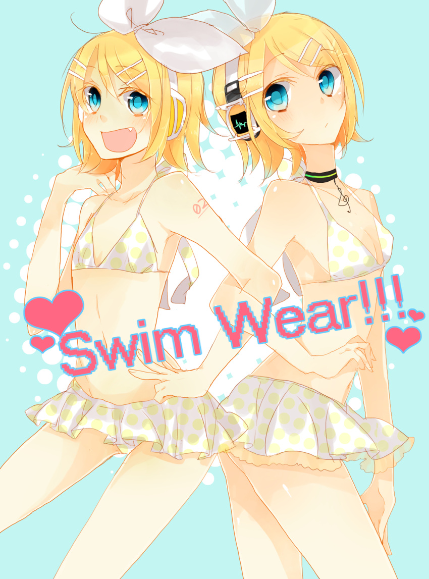 bad_id bikini bikini_skirt blonde_hair blue_eyes blush bow dual_persona flat_chest hair_bow headphones highres kagamine_rin kagamine_rin_(append) kawara locked_arms multiple_girls multiple_persona project_diva project_diva_2nd swimsuit vocaloid vocaloid_append