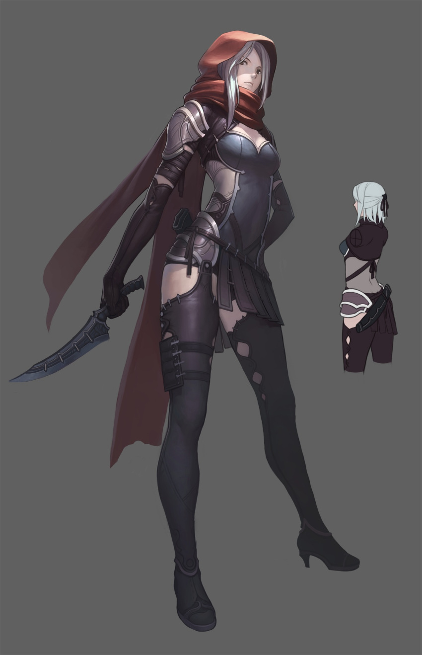blade boots brown_eyes character_sheet elbow_gloves gloves hand_on_hip high_heels highres hood long_hair nfb-zmc original scarf shoes silver_hair simple_background solo thigh-highs thigh_boots thighhighs