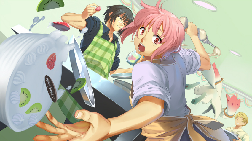 akemi_homura apron black_hair blonde_hair cake falling flyx2 food foreshortening fruit genderswap happy_birthday kaname_madoka kiwi kiwifruit kyubey mahou_shoujo_madoka_magica multiple_boys pink_eyes pink_hair strawberry tomoe_mami tray whipped_cream