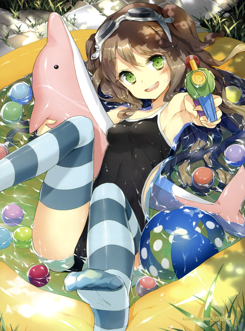absurdres armpits ball beachball brown_hair copyright_request cuteg feet green_eyes highres inflatable_pool inflatable_toy no_shoes one-piece_swimsuit pool soles solo striped striped_legwear striped_thighhighs swimsuit teeth thigh-highs thighhighs twintails wading_pool water water_gun wet