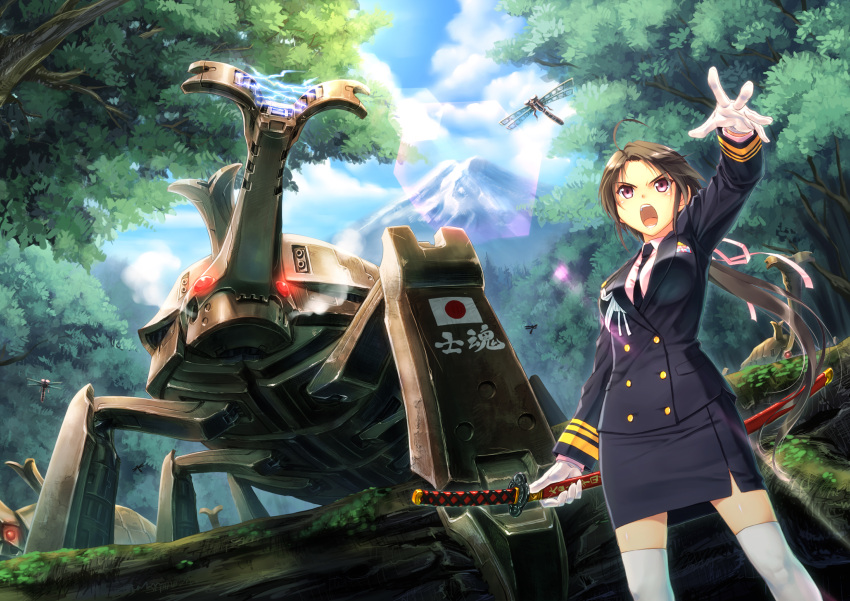 ahoge beetle black_hair blush breasts brown_hair cloud dragonfly electricity forest gloves hair_ribbon highres japanese_flag katana kuroneko_sakon lens_flare long_hair mecha miniskirt mountain nature necktie open_mouth original outstretched_arm outstretched_hand pink_eyes ponytail ribbon scabbard sheath skirt sky solo sword thigh-highs thighhighs tree uniform weapon white_legwear zettai_ryouiki