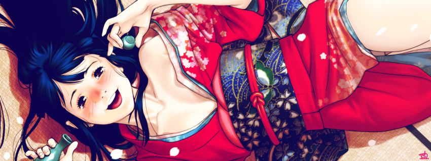 blush collarbone drunk face flower hands highres japanese_clothes kimono laughing long_hair sake smile solo sukinahito