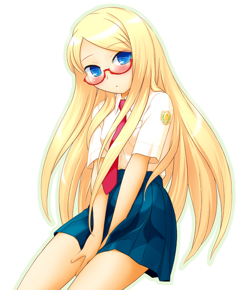 akatsuki_(artist) blonde_hair blue_eyes blush glasses highres long_hair necktie school_uniform