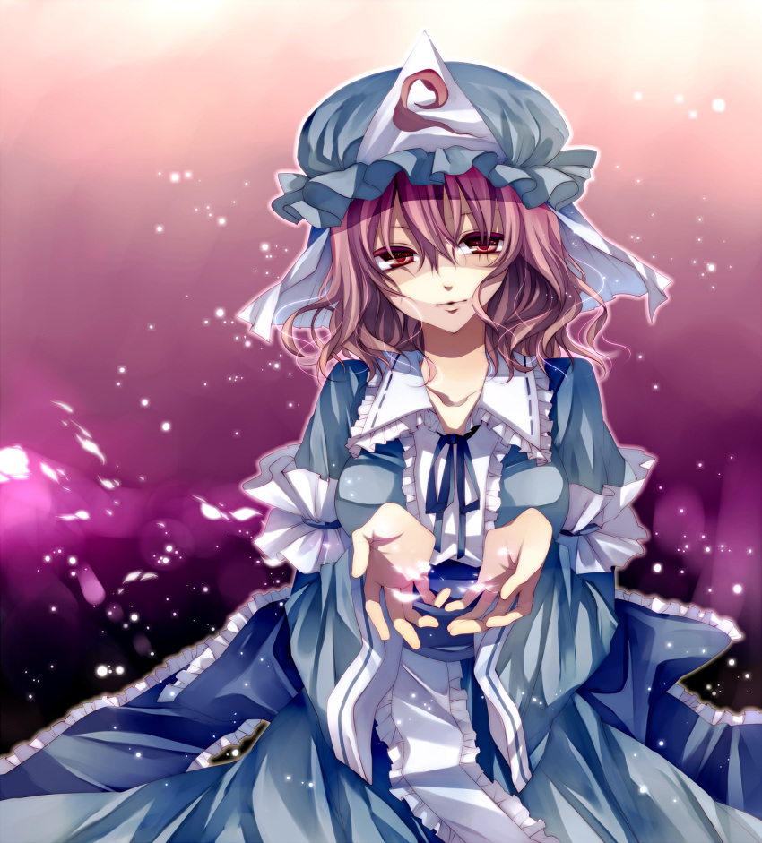 hat highres japanese_clothes outstretched_hand pink_hair red_eyes saigyouji_yuyuko short_hair touhou tsukioka_tsukiho