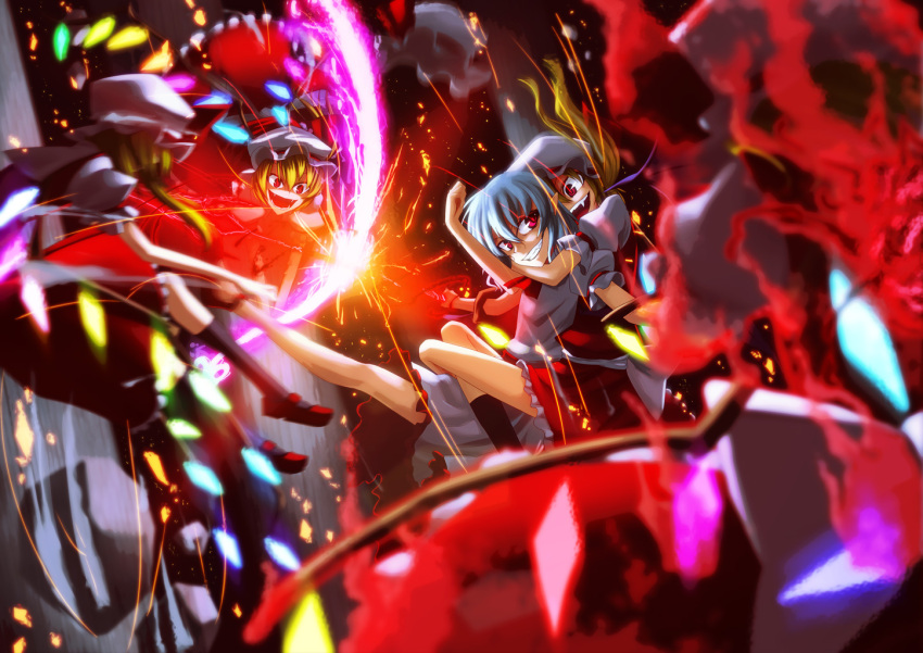 blonde_hair blue_hair clone crazy din_(artist) din_(flypaper) fangs fire flandre_scarlet grin multiple_persona no_hat no_headwear pointy_ears red_eyes remilia_scarlet siblings sisters smile sparks touhou wings