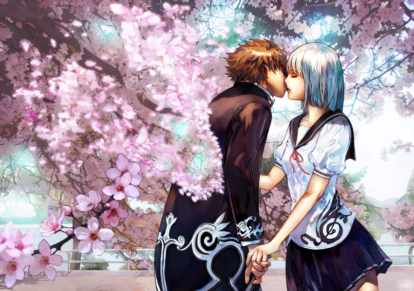 1boy 1girl cherry_blossoms couple hetero highres hokoodo holding_hands kiss original school_uniform serafuku tree