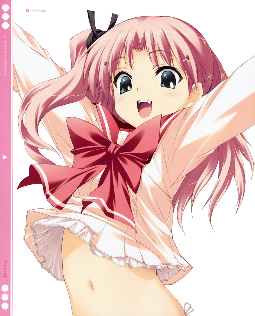 fang hair_ribbon highres kawata_hisashi maaryan navel no_pants open_mouth pink_hair ribbon school_uniform to_heart_2