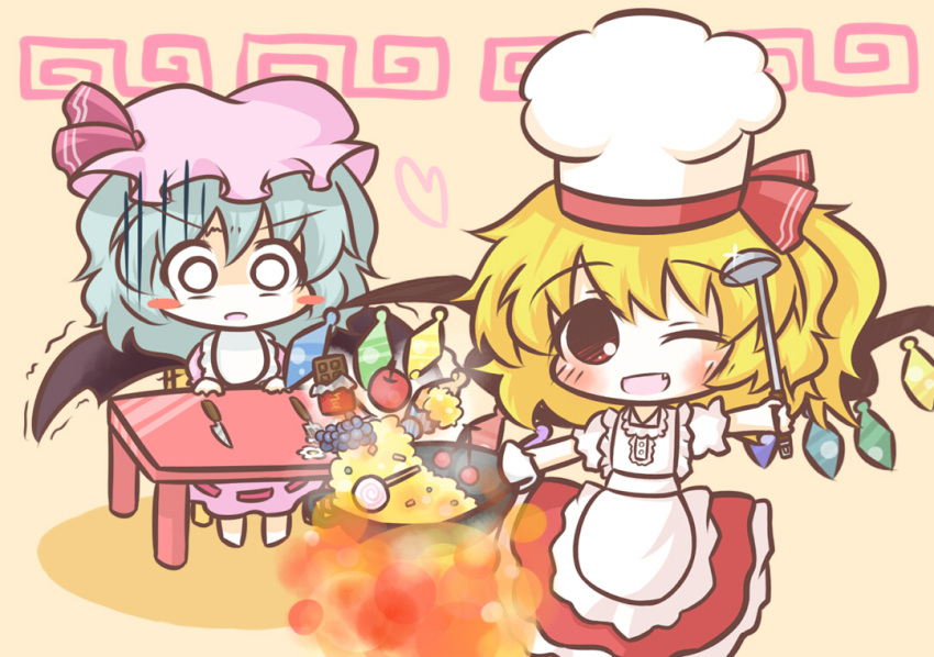 :o ;d adapted_costume apple apron bat_wings blonde_hair blue_hair blush blush_stickers candy chair chef_hat cherry chibi chocolate chocolate_bar cooking fang fire flandre_scarlet food fork fruit gloom_(expression) grapes happy hat heart knife ladle lollipop multiple_girls o_o open_mouth oven_mitts red_eyes remilia_scarlet short_hair siblings side_ponytail sisters sitting smile south114 table touhou trembling wings wink wok