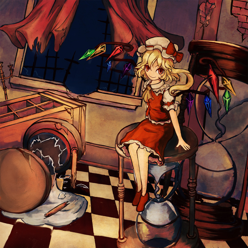 broken flandre_scarlet hat highres hourglass ponytail red_eyes short_hair side_ponytail sitting smile solo touhou wings