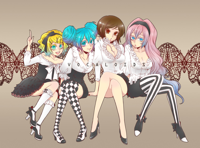 aqua_eyes aqua_hair blonde_hair blue_hair bobby_socks bow breasts brown_hair butterfly checkered checkered_legwear cleavage colored_eyelashes crossed_legs double_bun eyelashes eyeshadow fashion gradient_hair hair_bow hair_ornament hair_ribbon hairband hairclip hatsune_miku high_heels kagamine_rin legs lipstick long_hair makeup megurine_luka meiko multicolored_hair multiple_girls nightcat open_mouth pantyhose pink_hair purple_hair red_eyes ribbon shoes short_hair sitting skirt smile socks striped striped_pantyhose thigh-highs thighhighs two-tone_hair vertical-striped_legwear vertical_stripes vocaloid