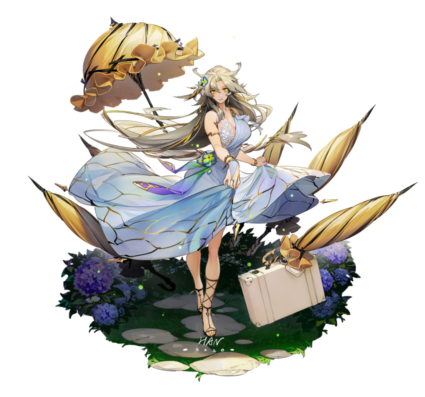 1girl armlet bare_shoulders breasts dress earrings flower full_body hair_between_eyes hair_flower hair_ornament hair_ribbon han-0v0 highres jewelry large_breasts looking_at_viewer platinum_blonde_hair ribbon signature solo song_of_time suitcase umbrella yellow_eyes
