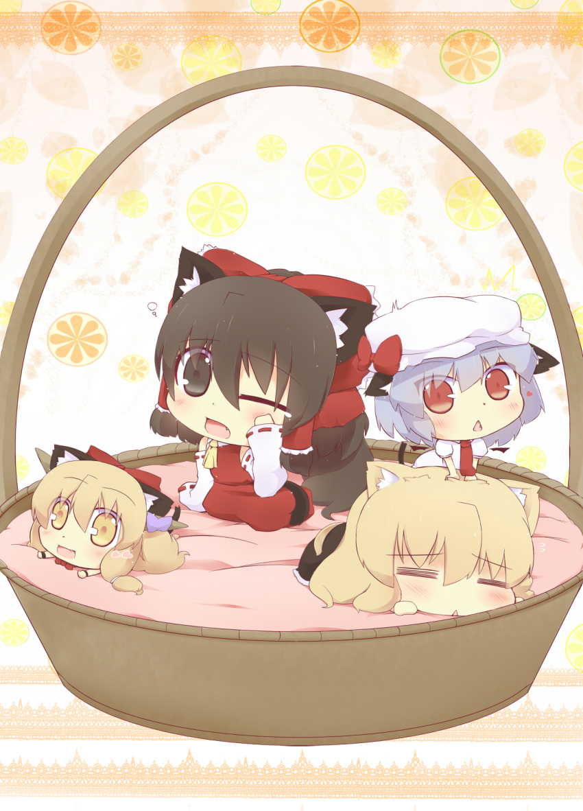 =_= animal_ears ascot basket benauxi blonde_hair blue_hair blush bow brown_eyes cat_ears chibi closed_eyes detached_sleeves eyes_closed fang hair_bow hair_tubes hakurei_reimu hat hazuki_ruu heart highres horns ibuki_suika kemonomimi_mode kirisame_marisa long_hair lying miko minigirl multiple_girls no_hat no_headwear open_mouth red_eyes remilia_scarlet touhou yellow_eyes