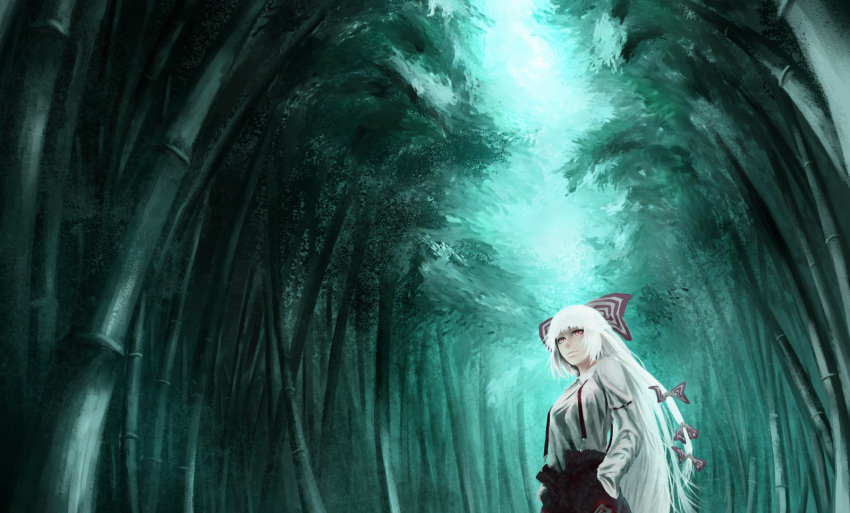 akaikitsune aqua_eyes bad_id bamboo bamboo_forest bow branches forest fujiwara_no_mokou hair_bow hands_in_pockets highres long_hair nature pink_eyes red_eyes solo suspenders touhou tree very_long_hair white_hair