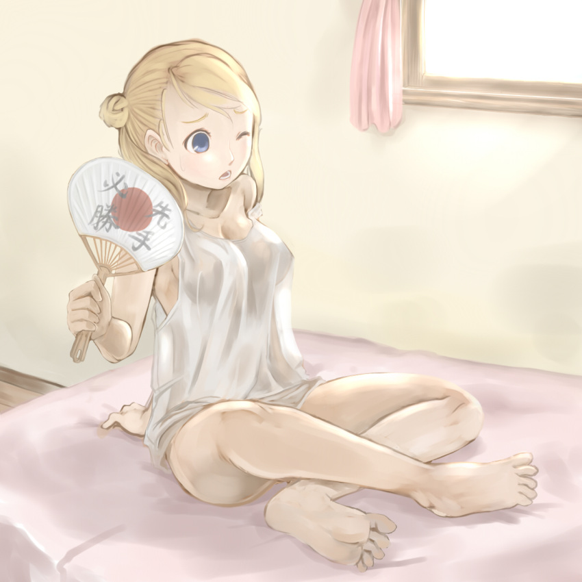 bare_shoulders barefoot bed blonde_hair blue_eyes bottomless breasts cleavage collarbone curtains double_bun fan feet highres indian_style large_breasts lingerie long_hair no_pants on_bed open_mouth original paper_fan sitting soles solo strap_slip sweatdrop t-shirt toes uchiwa underwear window wink yuzu-p