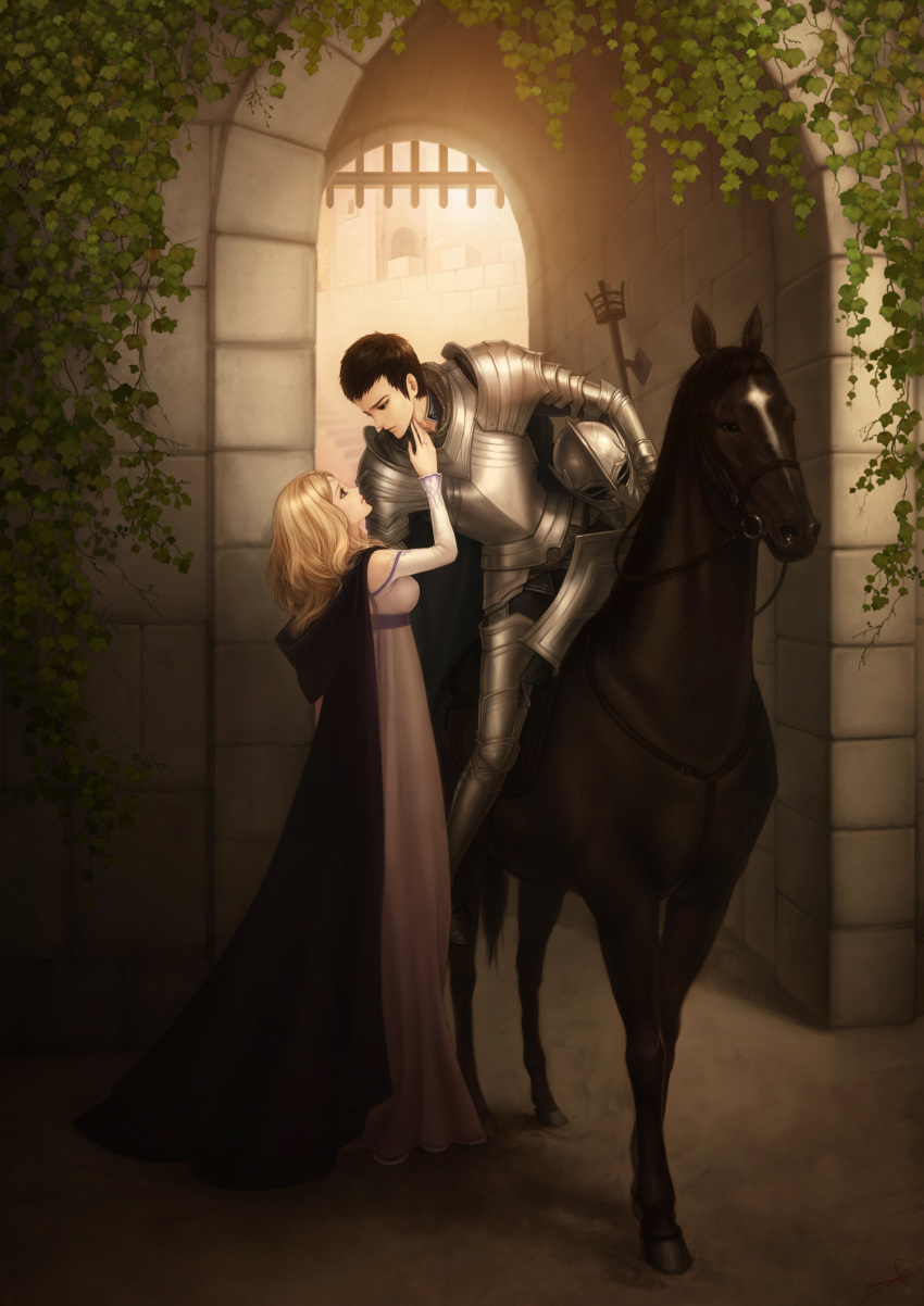 almost_kiss animal armor artist_request blonde_hair brown_hair cloak couple crying dress duo helmet horse jewelry kiss knight original riding ring shield short_hair sunlight tears violet_eyes warrior