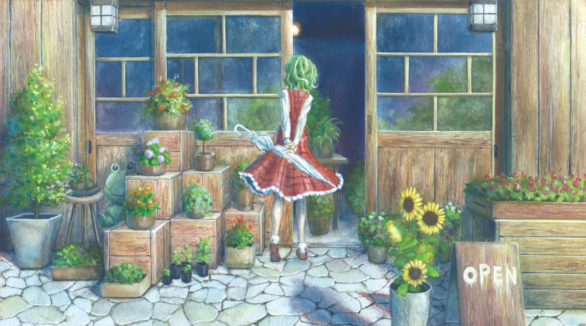 back bobby_socks closed_umbrella dress dress_shirt florist flower frog from_behind green_hair hands_clasped kazami_yuuka kero_&amp;_koro_(colgen_kowa) miso_pan plaid plaid_skirt plaid_vest plant potted_plant scenery shirt shop short_hair skirt skirt_set socks solo sunflower touhou traditional_media umbrella vest youkai