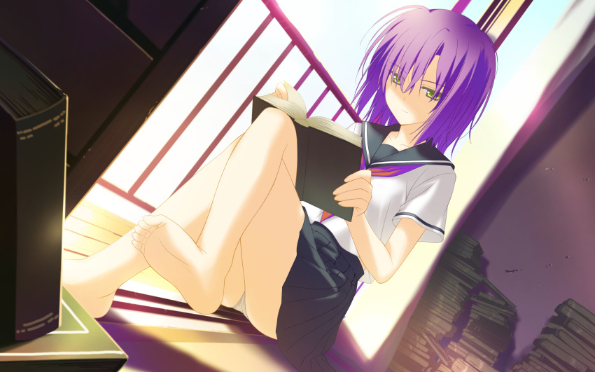 barefoot book game_cg irotoridori_no_sekai panties purple_hair seifuku shida_kazuhiro short_hair underwear yellow_eyes