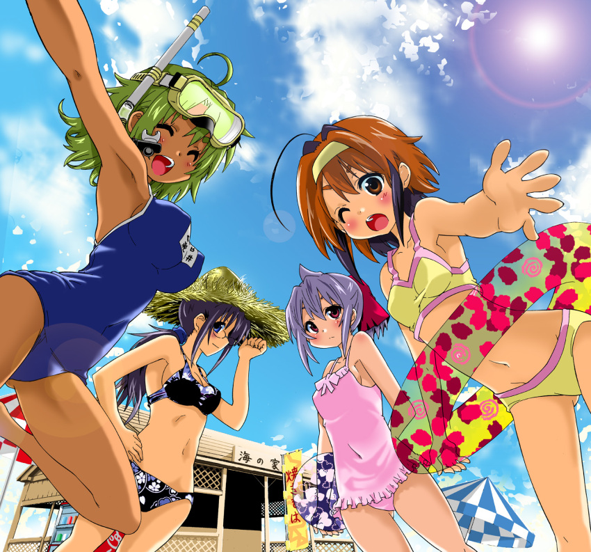 ^_^ ahoge akira_(umihan) ball banner beach_house beachball bikini blue_eyes breasts brown_eyes brown_hair casual_one-piece_swimsuit closed_eyes clothed_navel cloud coca-cola diving_mask eyes_closed green_hair grey_hair happy hat highres innertube lens_flare multicolored_hair multiple_girls name_tag navel nobori one-piece_swimsuit open_mouth original outstretched_arm outstretched_hand print_bikini purple_hair red_eyes school_swimsuit short_hair snorkel straw_hat swimsuit tan two-tone_hair vending_machine wink