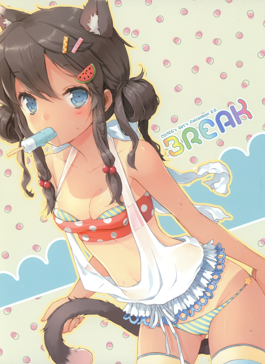 absurdres animal_ears bikini blue_eyes breasts cat_ears cat_tail cleavage cuteg food_themed_clothes hair_ornament hairpin highres holding_own_tail mouth_hold original panties polka_dot popsicle solo striped striped_bikini striped_legwear striped_swimsuit striped_thighhighs sweatdrop swimsuit tail tail_hold tan tanline thigh-highs thighhighs underwear