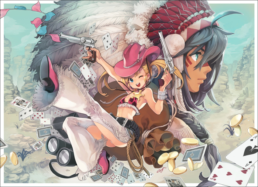 2girls ;d badge bare_shoulders belt beltskirt bikini bikini_top black_hair blonde_hair blush boots border bracelet canyon card cards chaps chkuyomi coin cowboy cowboy_hat cowgirl dark_skin dual_wielding face_paint facepaint falling_card feathers flag fringe gun hat headdress indian jewelry long_hair midriff multiple_girls native_american native_american_headdress navel open_mouth original outside_of_border panties pants pinky_out pistol playing_card poker poker_chips pouch revolver rope shoes smile squaw star swimsuit twintails underwear warbonnet weapon western windowboxed wink