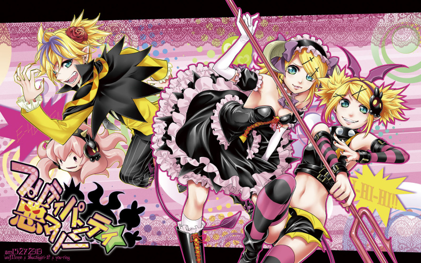 aqua_eyes bare_shoulders blonde_hair brother_and_sister detached_sleeves dress elbow_gloves fang flower gloves hair_flower hair_ornament hair_ribbon hairclip headphones highres horns kagamine_len kagamine_rin kitano_tomotoshi long_hair megurine_luka multiple_girls nail_polish navel open_mouth pink_hair pointy_ears polearm pretty_panties_akuma_rin_(vocaloid) ribbon shorts siblings skirt slit_pupils smile spear striped striped_legwear tail takoluka tentacle tentacles thigh-highs thighhighs trident twintails vocaloid weapon wings