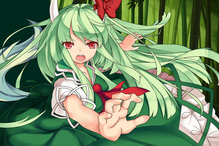 bamboo dress ex-keine ex_keine face foreshortening green_hair hands highres horns kamishirasawa_keine long_hair mikan_(bananoha) open_mouth red_eyes solo tail touhou