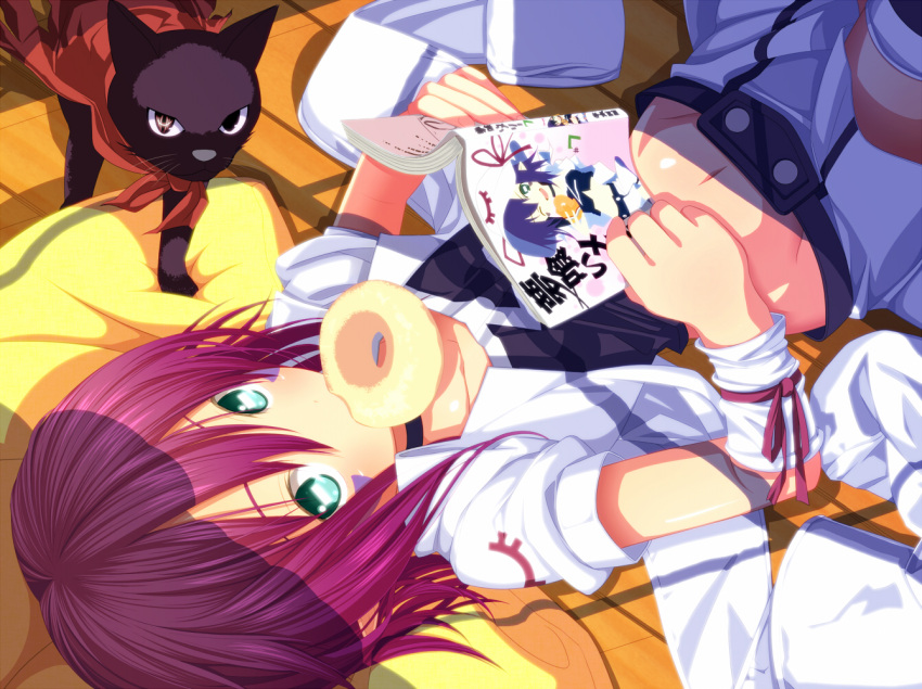 animal aqua_eyes book cat doughnut food green_eyes john_doe_(yumekui_merry) lying manga manga_(object) merry_nightmare meta midriff mound_of_venus mouth_hold navel on_back pillow purple_hair reading ribbon short_hair tsukumo yumekui_merry