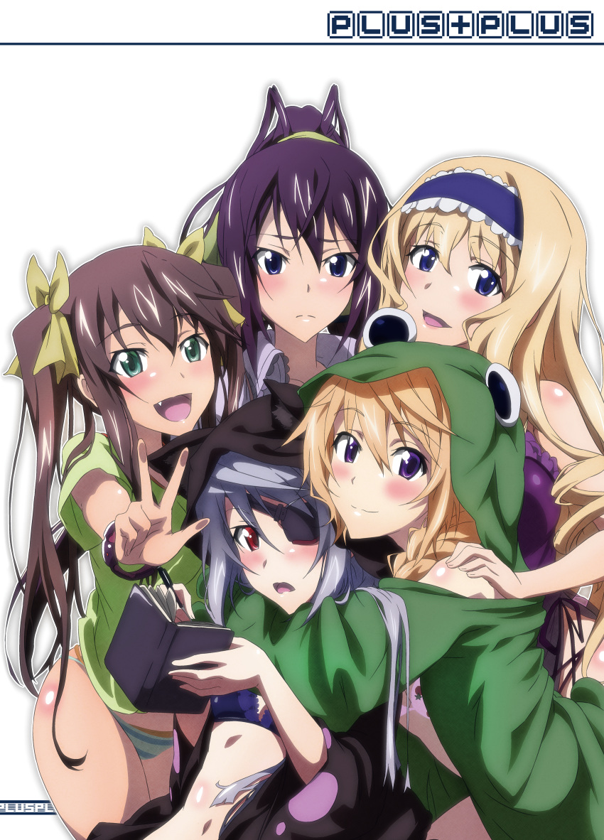 :d absurdres animal_costume blush book cecilia_alcott charlotte_dunois colored eyepatch fang frog_costume hair_ribbon hairband highres huang_lingyin huge_filesize infinite_stratos laura_bodewig long_hair multiple_girls open_mouth production_art ribbon shinonono_houki smile twintails v yatanuko