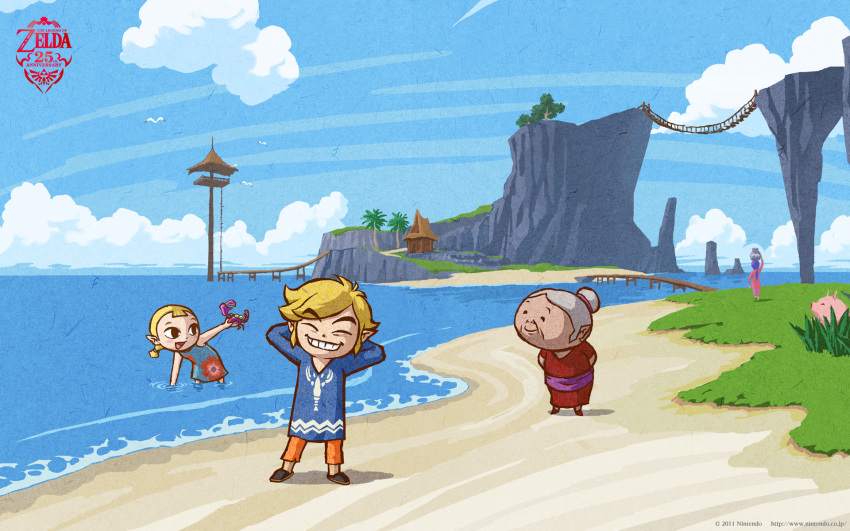 age_difference alternate_costume arms_behind_back arms_behind_head aryll beach bird bridge cliff closed_eyes cloud crab eyes_closed grandmother grass grin hair_bun hanging_bridge highres horizon house island jar link lookout_platform object_on_head ocean official_art outset_island palm_tree pig pointy_ears seagull short_twintails smile sue-belle the_legend_of_zelda toon_link tree twintails wading wallpaper water wind_waker woman