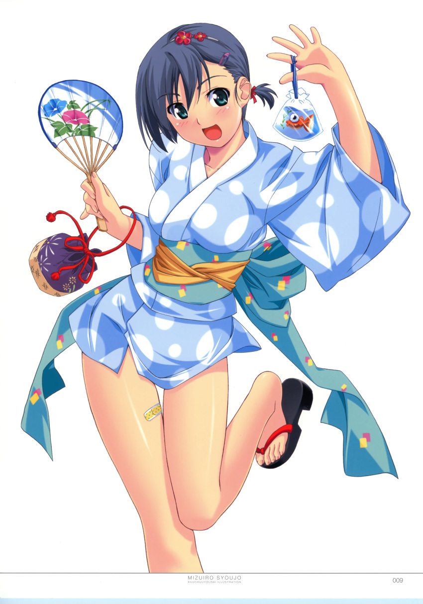 :d absurdres bag bagged_fish bandaid black_hair blue_eyes blue_hair blush breasts character_request fan female fish flower goldfish green_eyes hair_accessory hair_flower hair_ornament hair_ribbon happy harclip highres japanese_clothes kimono kinchaku kuuchuu_yousai open_mouth original paper_fan ribbon sandals short_hair simple_background smile solo uchiwa white_background yukata