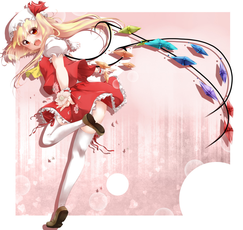 blonde_hair blush fang flandre_scarlet flower fuyuno_taka hat heart highres leaning_forward looking_at_viewer no_panties open_mouth red_eyes shirt side_ponytail skirt skirt_set solo standing_on_one_leg the_embodiment_of_scarlet_devil thigh-highs thighhighs touhou white_legwear wings wrist_cuffs wrist_ribbon zettai_ryouiki